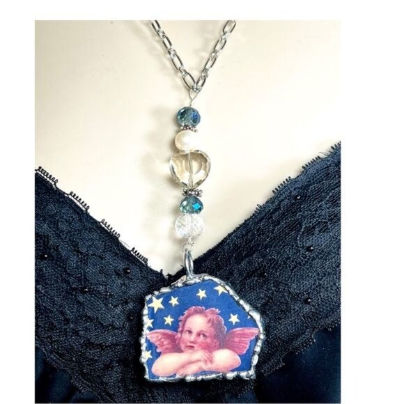 Cherub Broken China Pendant Caged in Silver Blend Metalwork with Crystal Beads - Picture 11 of 15